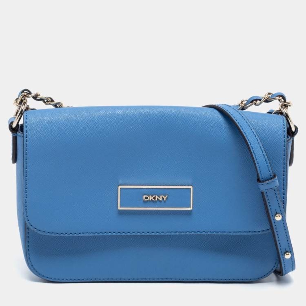 DKNY Blue Leather Robinson Flap Chain Crossbody Bag with Charm